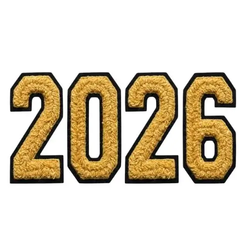 Gold chenille 2026 graduation year patch isolated on white.