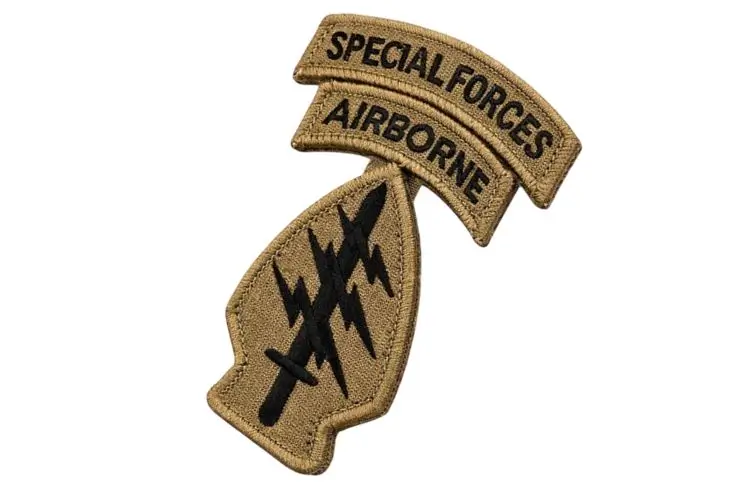 Subdued Army Special Forces Airborne arrowhead patch with tabs in OCP camouflage.