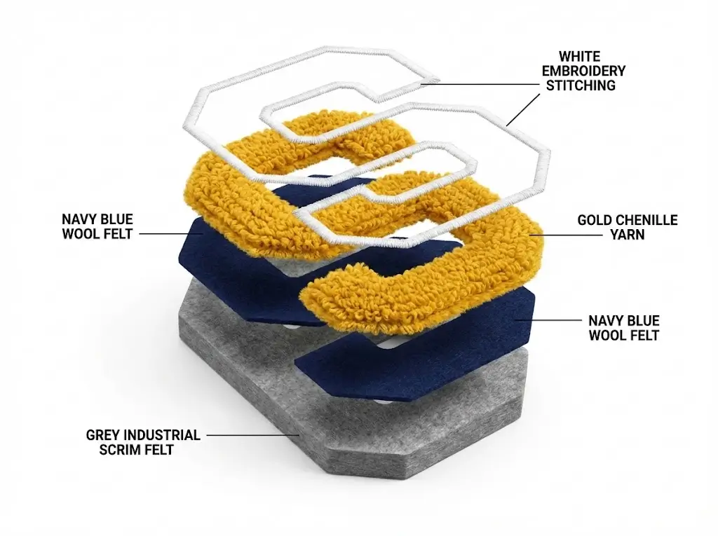 Exploded view diagram showing the 4 layers of a custom chenille patch: Industrial scrim felt base, wool felt border, chenille yarn fill, and embroidery stitching.
