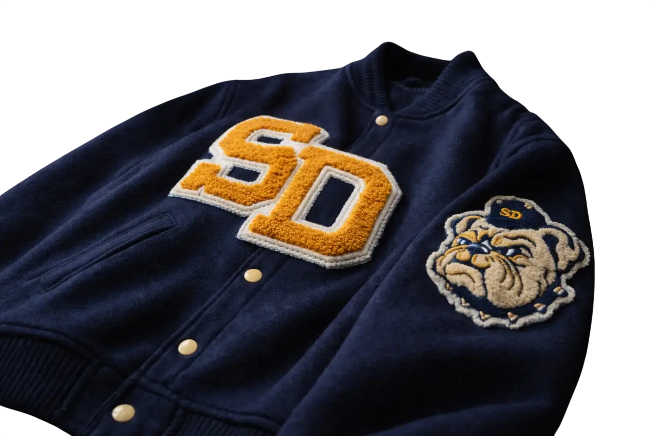 Navy blue varsity letterman jacket featuring a large custom gold chenille 'SD' patch on the chest and a detailed bulldog mascot patch on the sleeve.