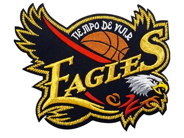 Custom die-cut embroidered patch in an irregular shield shape, featuring a basketball, an eagle head, and gold text reading Eagles.