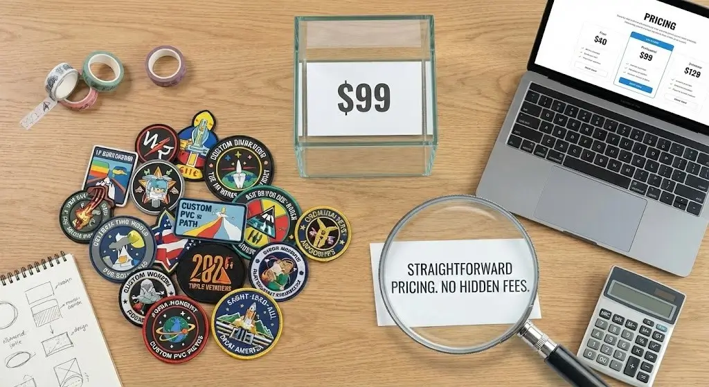 custom patch pricing transparency, featuring a laptop, calculator, and a pile of patches with text stating 'Straightforward Pricing. No Hidden Fees.'