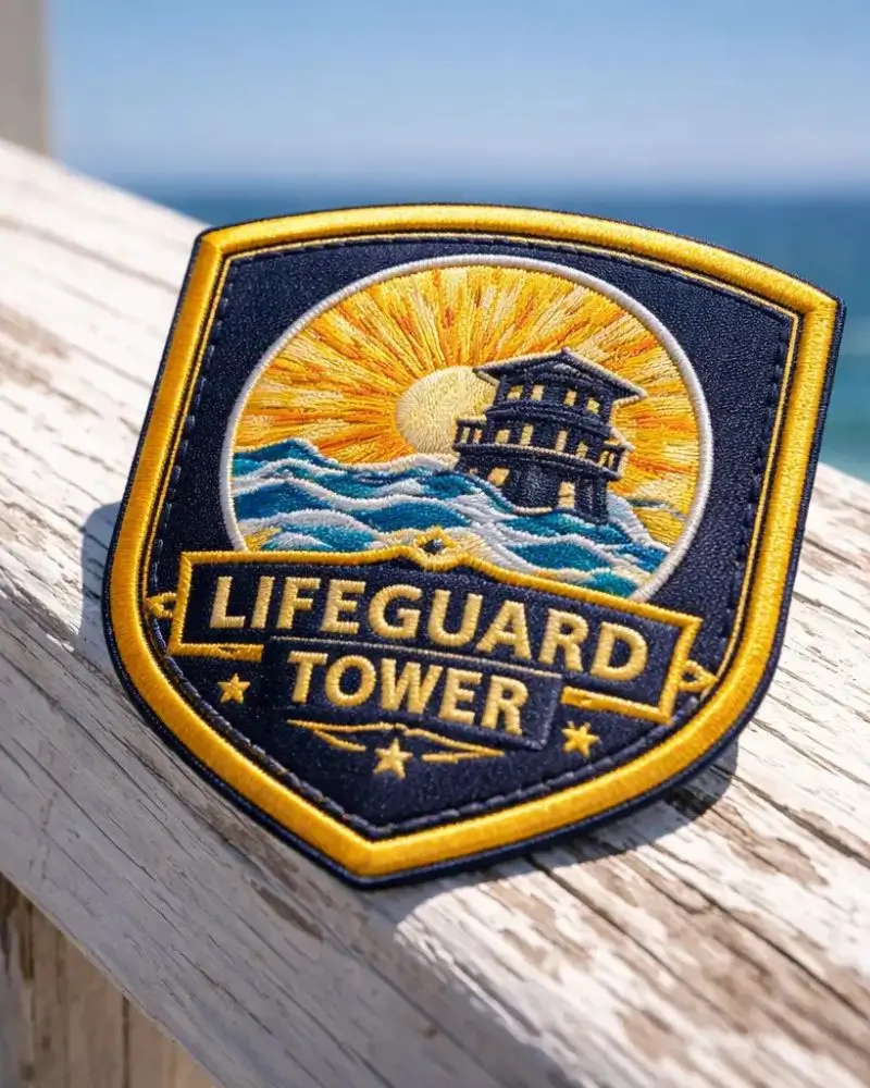 embroidered patch with a lifeguard tower design showing UV resistance in bright San Diego sunlight
