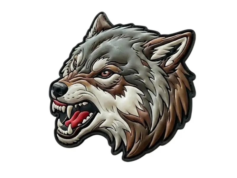 Custom 3D PVC mascot patch featuring an aggressive wolf head design with distinct rubber layers.