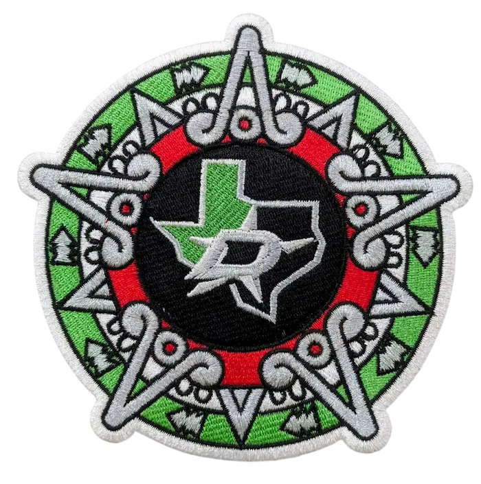 Custom embroidered patch featuring the Dallas Stars logo inside a Texas outline with an Aztec calendar border