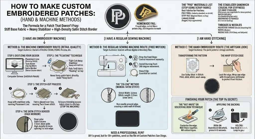 Step-by-step infographic showing three methods to make custom patches: Machine Embroidery, Sewing Machine Free Motion, and Hand Stitching.