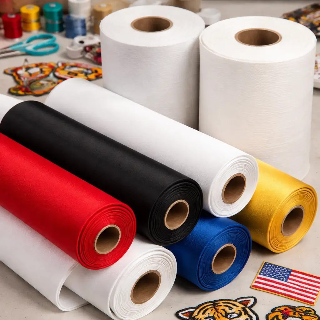 Rolls of embroidery stabilizer and twill fabric in various colors for making custom patches.