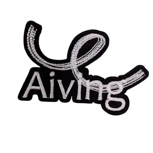 Custom black and white embroidered patch with the text Aiving, featuring a clean heat-sealed edge.