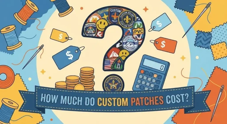 Blog header illustration asking 'How Much Do Custom Patches Cost?' featuring a calculator, stacked coins, and price tags.