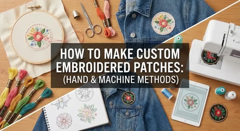 Split-screen blog header showing hand embroidery tools on the left and a computerized embroidery machine on the right.