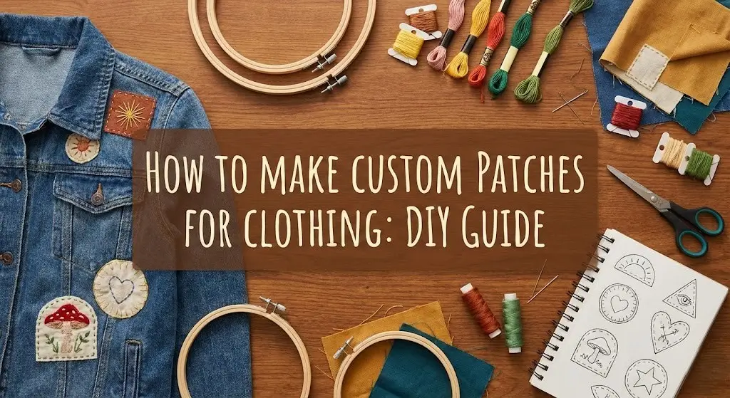 DIY guide denim jacket with hand-stitched patches, embroidery hoops, thread, and scissors on a wooden table.