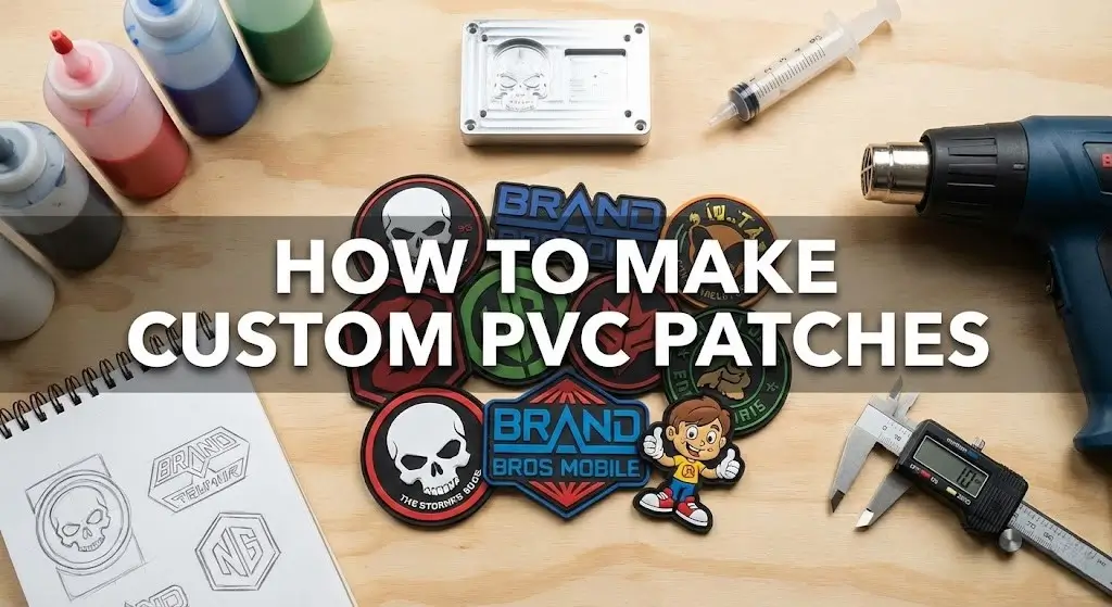 Workbench setup for making custom PVC patches featuring liquid rubber, aluminum molds, a heat gun, and finished 3D patch samples.