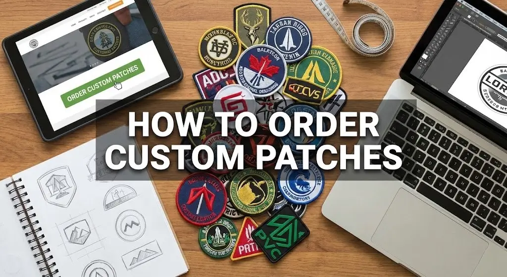 Flat lay desk setup showing the process of ordering custom patches, including design sketches, digital proofs on a laptop, and finished samples.