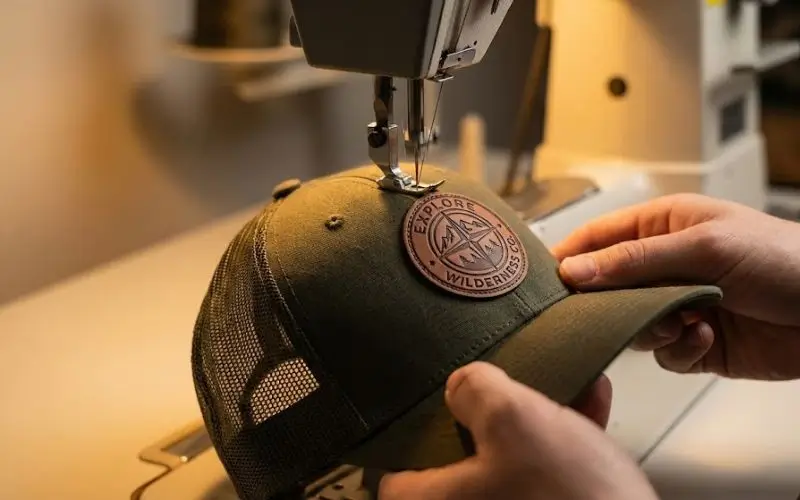 Professional sewing machine attaching a custom leather patch to an olive green trucker hat for maximum durability