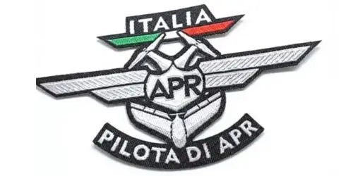Complex custom-shaped laser-cut woven patch with winged design and Italian flag details.