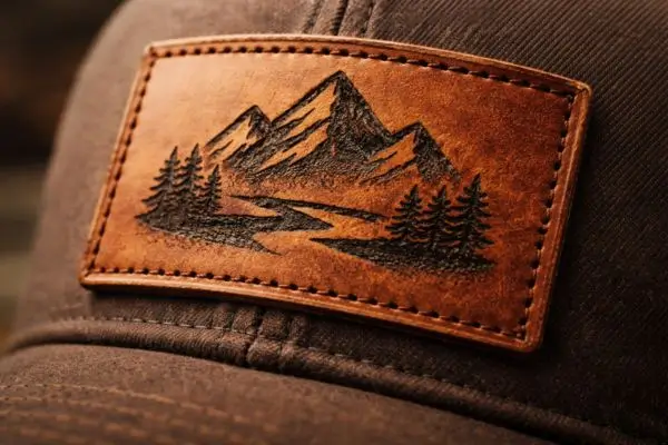 Custom laser-engraved leather patch with a mountain forest design sewn onto a trucker hat