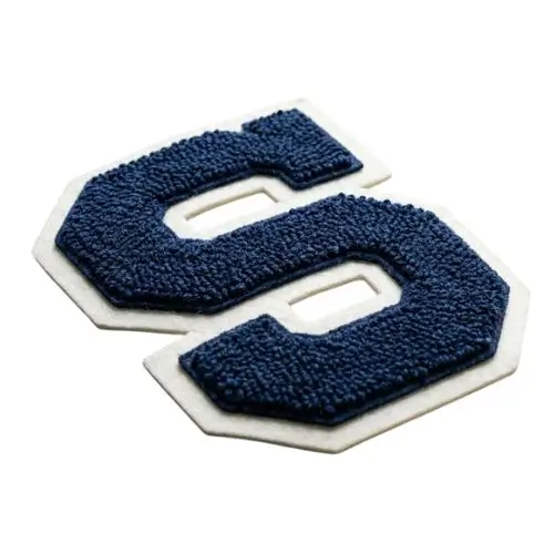 3D view of a custom navy blue chenille varsity letter S patch with gold felt backing.