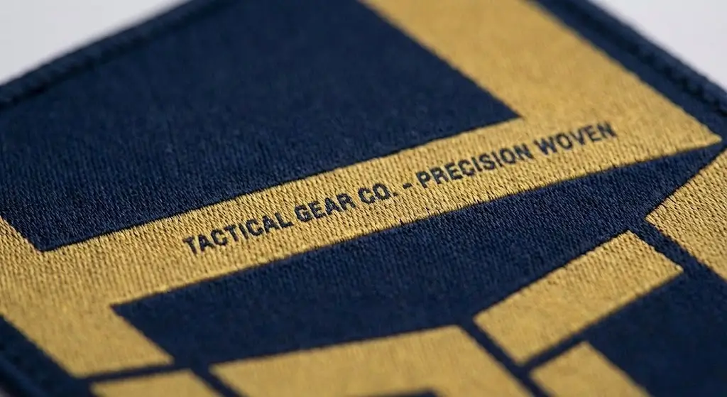 macro shot of a custom woven patch for Tactical Gear Co., showcasing high-definition text clarity and smooth blue and gold woven texture.