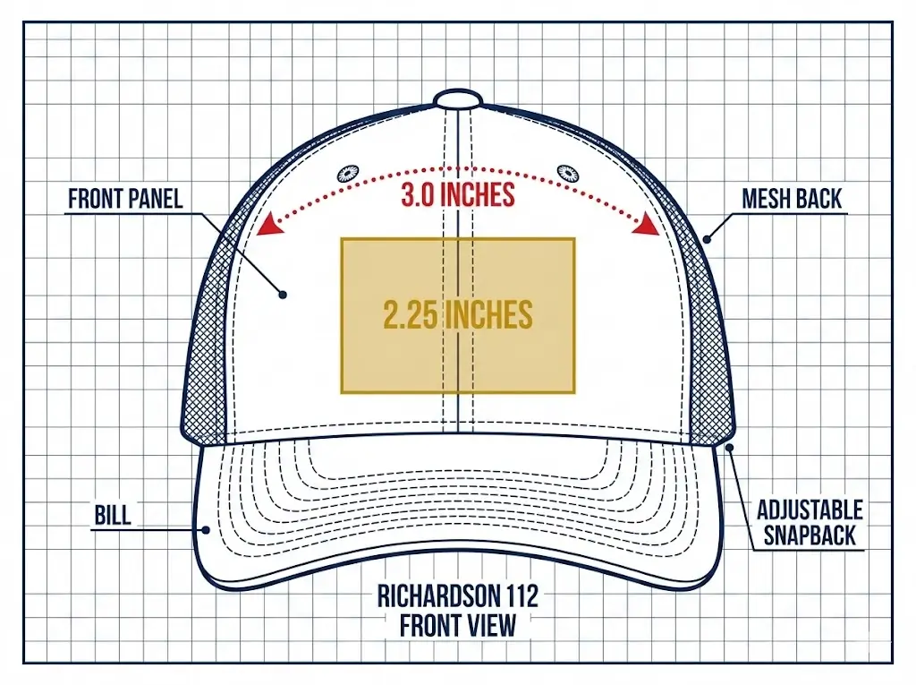 Technical vector illustration diagram of a Richardson 112 trucker hat front view, showing measurement guides of 