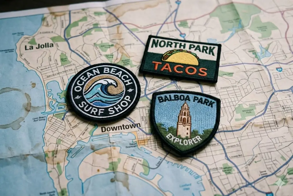Custom embroidered patches for Ocean Beach, North Park, and Balboa Park placed on a San Diego city map.