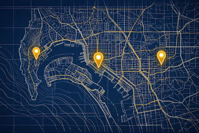 Stylized map of San Diego County highlighting 32nd St, Sorrento Valley, North Park, and Otay Mesa