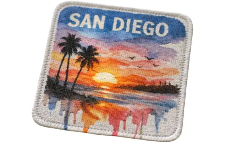 San Diego sunset watercolor painting printed on a custom patch.