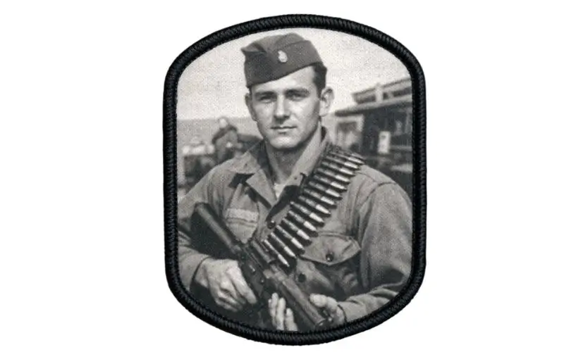 Custom tribute patch with black and white photo printed on fabric.