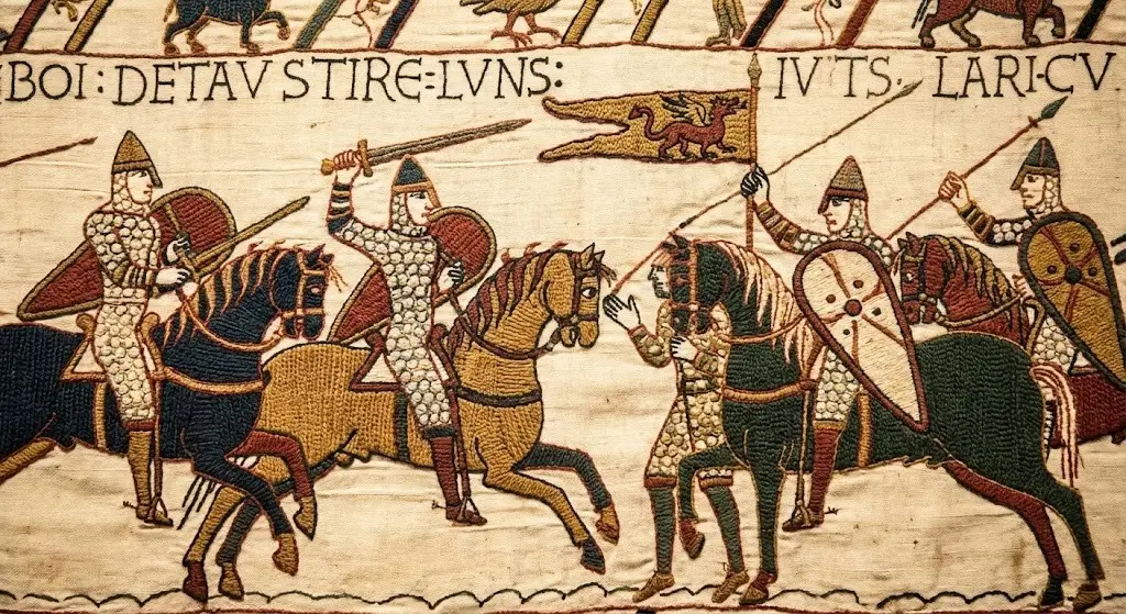 Embroidered scene from the Bayeux Tapestry depicting medieval knights in chainmail on horseback wielding swords and shields.