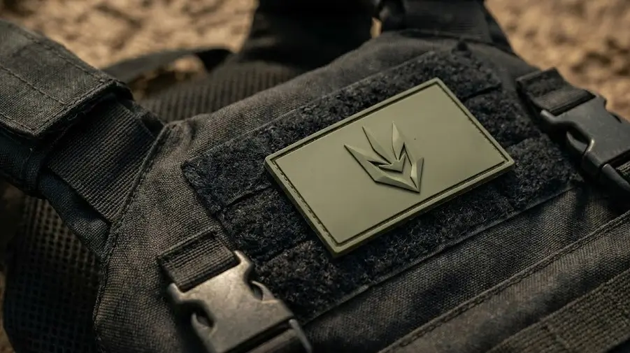 A clean black tactical vest with a pristine olive drab PVC patch attached to the front Velcro panel.