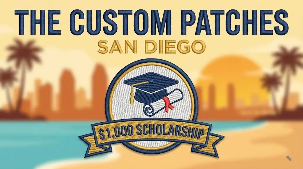 The Custom Patches San Diego $1,000 scholarship graphic featuring a graduation cap patch.