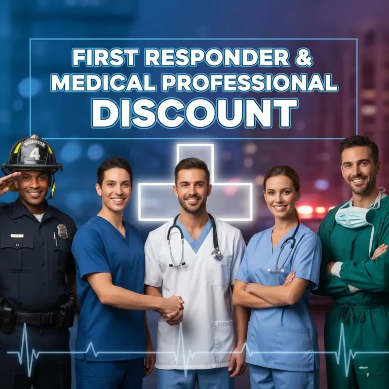 Five first responders and medical professionals standing together under a "First Responder & Medical Professional Discount" headline.