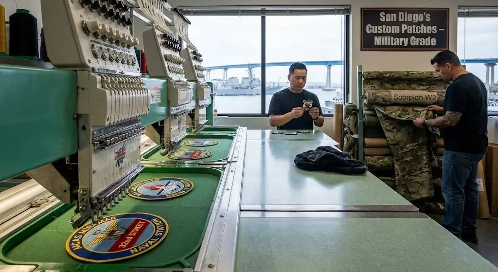 Workers inspecting custom military patches in a San Diego factory featuring large embroidery machines and camouflage fabric rolls.