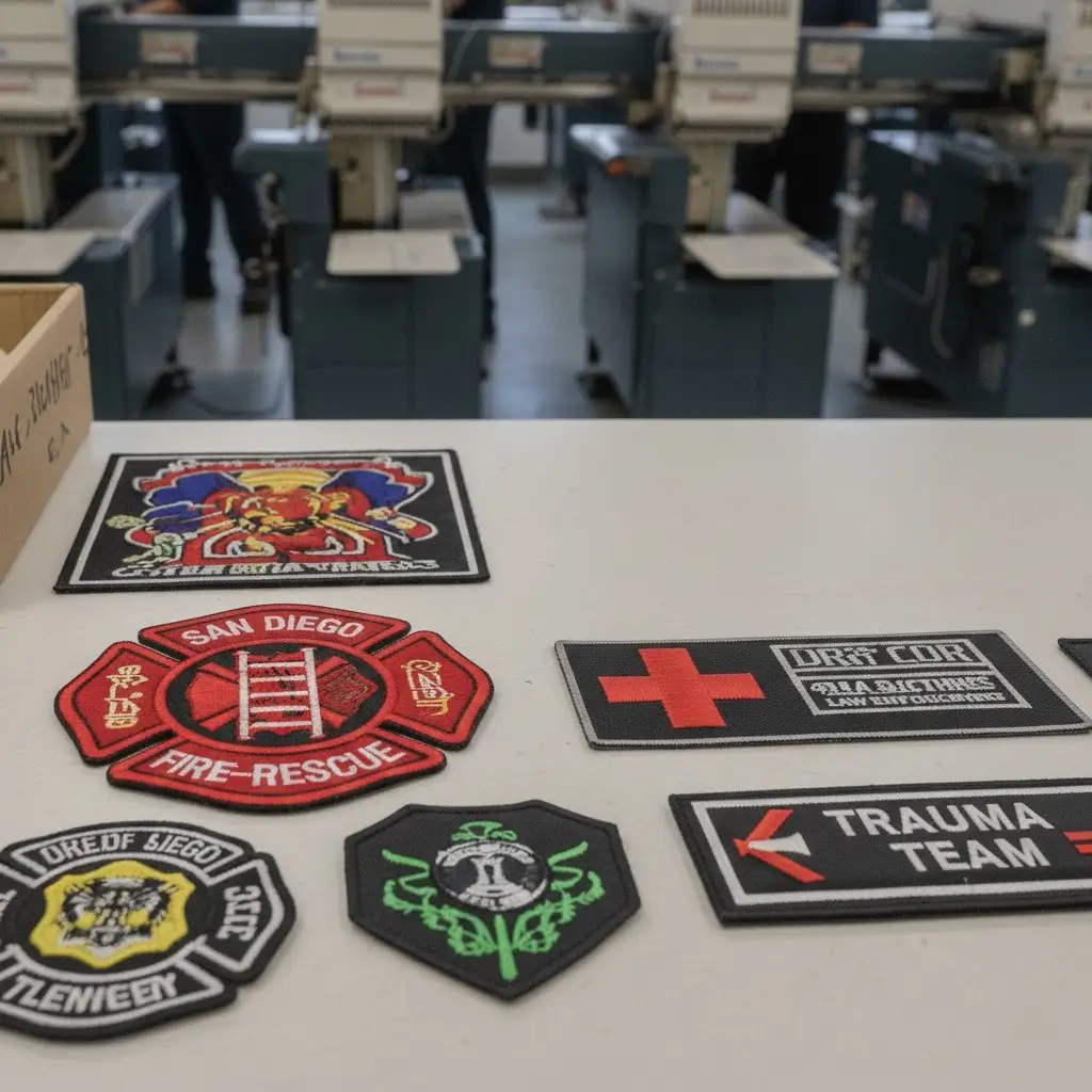A collection of embroidered San Diego Fire-Rescue and trauma team patches displayed on a workshop table.