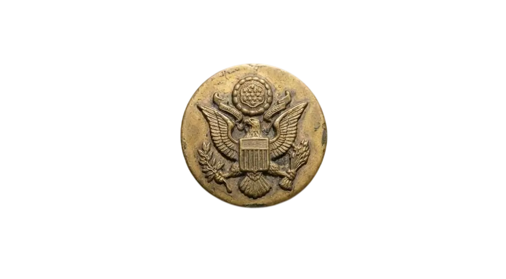 Vintage brass button displaying the US Great Seal, featuring an eagle holding arrows and an olive branch.